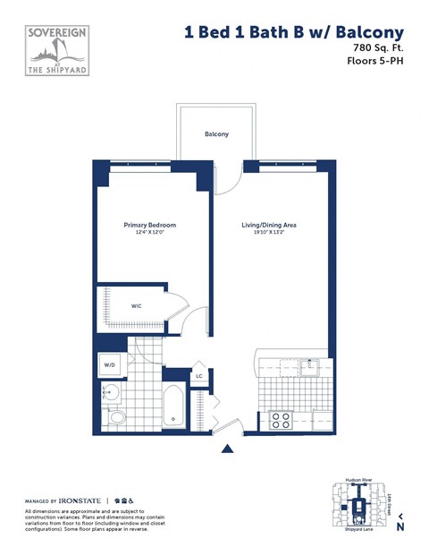 Floor plan for 1 bed, 1 bath, 780 sqft